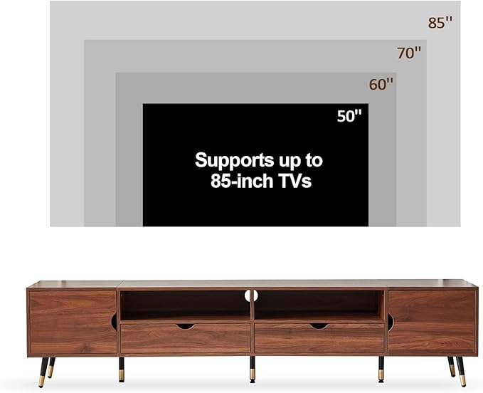 siu want Mid-Century Modern TV Stand for TVs up to 85 Inch, 78.7'' Walnut Wood Media Console with Drawers & Open Storage, Solid Wood Legs, Low Profile Entertainment Center for Living Room