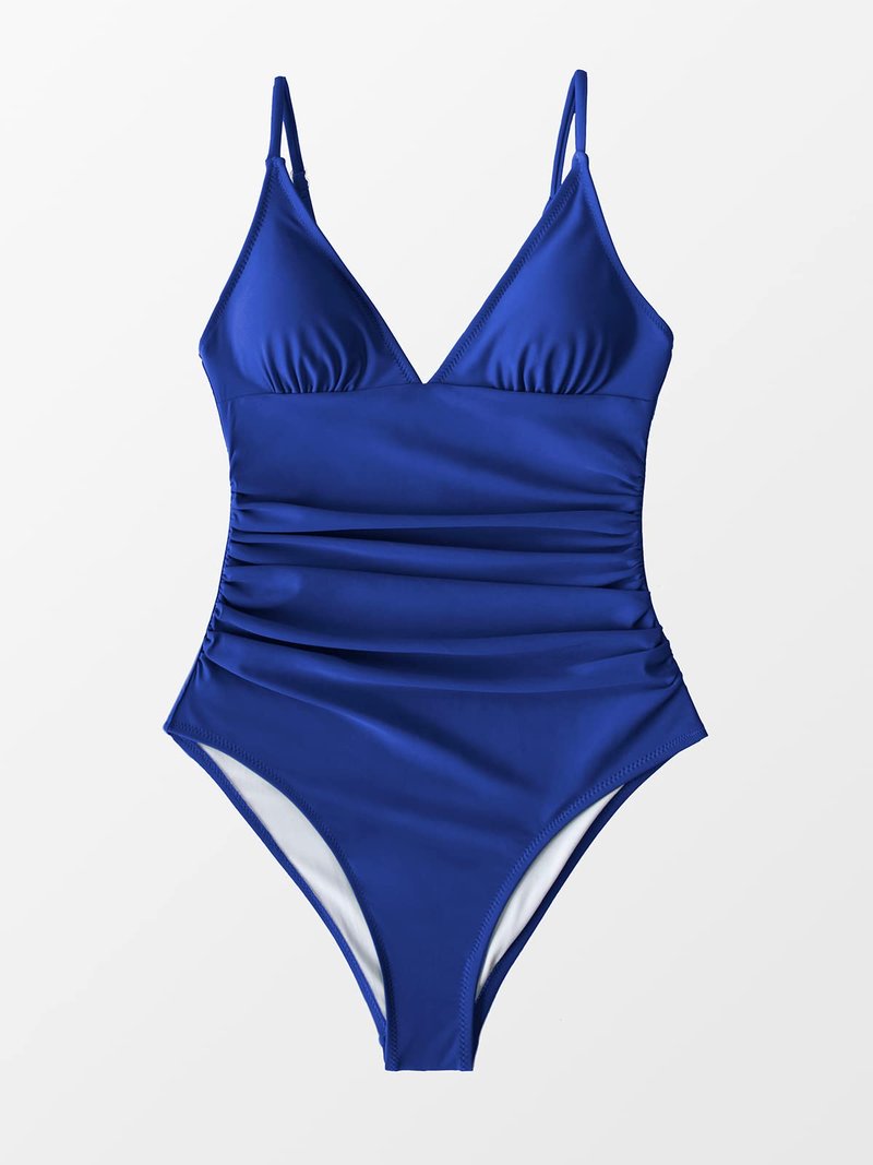 CUPSHE Women's One Piece Swimsuit Shirring Design V Neck Low Back Bathing Suit, Deep Blue, M