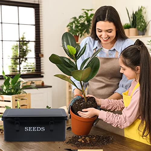 Seed Saving Box, Metal Seed Bin, Seed Storage Organizer, Seed Packet Container with Lid, Seed Envelope Storage Box, 4 Compartments Garden Seed Bin with Safety Locks-Black - color: Black
