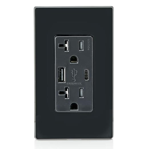 Leviton Type A &amp Type-C USB In-Wall Charger with 20A Tamper-Resistant Outlet USB Charger for Smartphones and Tablets. Not for Laptops T5833-E Black