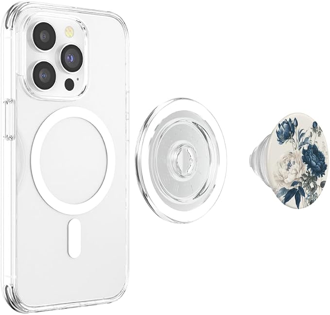 Navy Blue Peonies Blossom Leaves White Flowers Floral Girly PopSockets Adhesive PopGrip