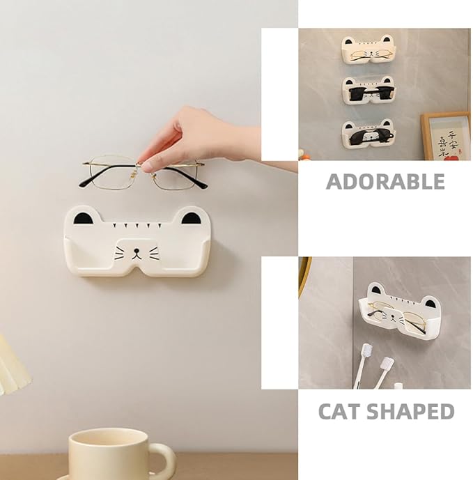 NUOBESTY Wall-Mounted Cat-Shaped Sunglass Organizer, Plastic Eyewear Storage Holder for Household Glasses, Portable White Glasses Case for Entryway and Bedroom Use,