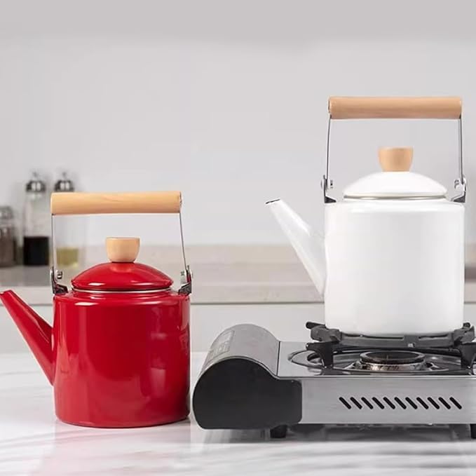 Cabilock Enamel Tea Kettle with Wooden Handle 2.4L Stovetop Water Kettle for Boiling Hot Water Coffee and Tea Suitable for Gas and Induction Cookers