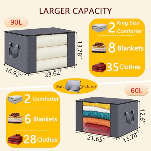 60L Grey Fabric Storage Bins with Lids & Clear Window, 3 Pack Collapsible Closet Organizers with Handles for Clothes, Blankets, Under Bed Storage - size: 3 x 60L