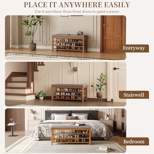 Solid Wood Shoe Bench with Storage, Flip-Top Soft-Close Lid, Adjustable Shelves, Cushioned Entryway Shoe Rack Organizer, 23.6"