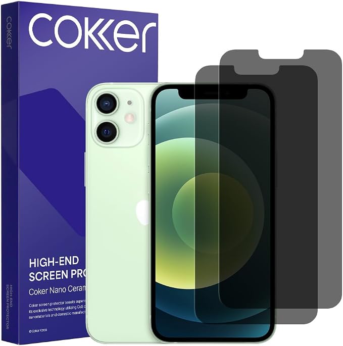 COKER 2PACK Privacy Screen Protector for iPhone 12 Mini Anti Spy 9H Hardness Shatterproof Anti-Scratch Anti-Fingerprint Touch Sensitive PET Film Blue Light Filter Easy Install