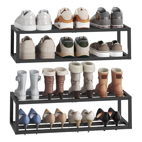 HOOBRO Wall-Mounted Shoe Rack, 2 Pack Hanging Metal Shoe Shelf, Space-Saving Shoe Storage Organizer, Holds 12-16 Pairs, Shoe Holder for Entryway, Closet, Small Spaces, Black BK44XJP201