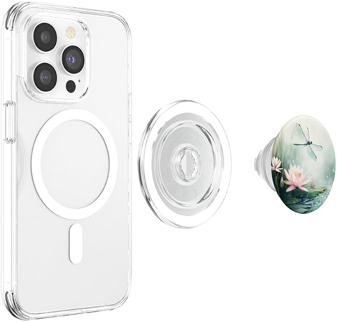 Aesthetic Floral Lotus And Dragonfly Watercolor Art PopSockets PopWallet for MagSafe
