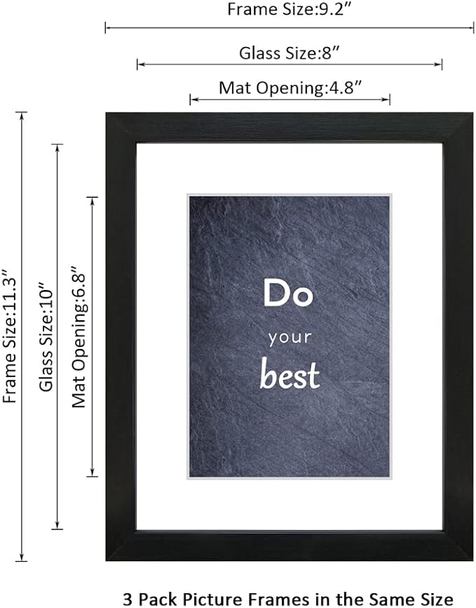 8x10 Picture Frame Set of 3 with Real Glass for Pictures 5x7 with Mat or 8x10 Without Mat, Wall Mounting or Tabletop display Photo Frames in Black