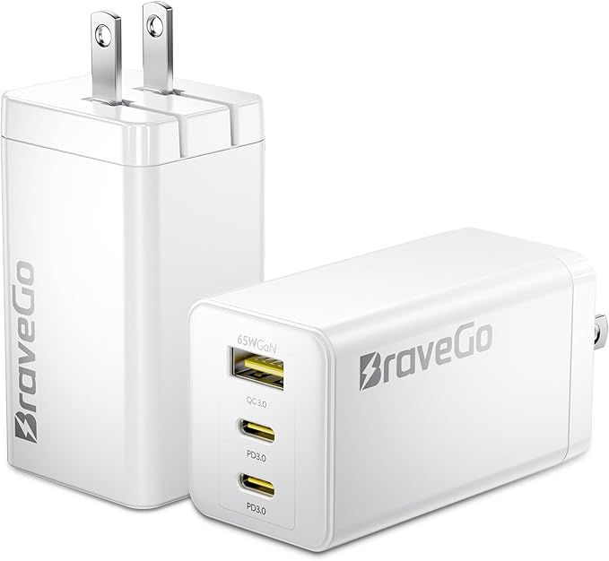Bravego 65W Charger Block, 3-Port Fast Charging Adapter, GaN Tech, Compact Wall Plug Block, Light Weight for Travel, for iPhone 15/14/13/12 Plus Pro Max, iPad Pro, iPad, MacBook Air, Samsung, AirPods