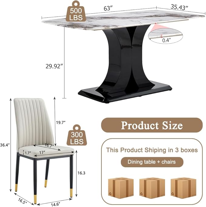 Modern Dining Table Set for 4, Marble Kitchen Table Chair Set for 4, Rectangular Kitchen Table with 4 Pu Leather Upholstered Chair for Dining Room