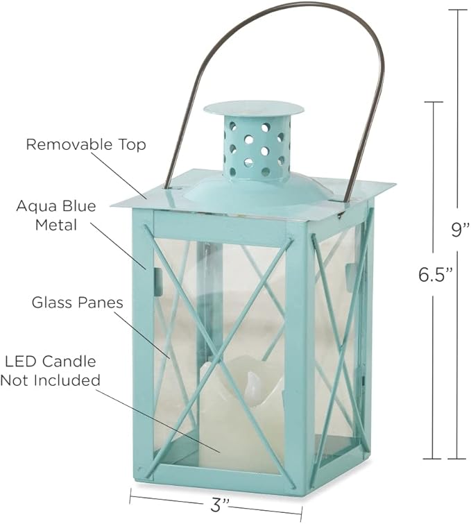 Kate Aspen Medium Decorative Lanterns - Set of 6 - Luminous Blue Metal Lantern Tealight Candle Holders Centerpieces for Wedding, Home Decor and Party - 6.3" H (8.9" H with Handle)