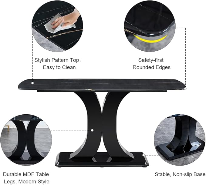 Modern Dining Table Set for 6, Marble Kitchen Table Chair Set for 6, Rectangular Kitchen Table with 6 Pu Leather Upholstered Chair for Dining Room (Black, Yellow)