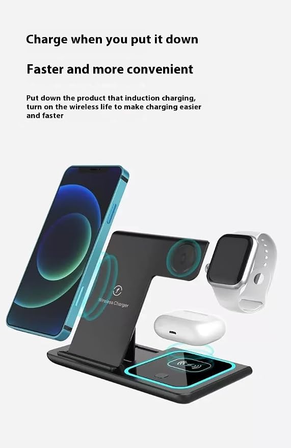 3-in-1 Wireless Charging Station with a Foldable Charging Base Compatible with Multiple Devices Featuring a 15W Fast-Charging Adapter Suitable for iPhone Apple Watch(Black)