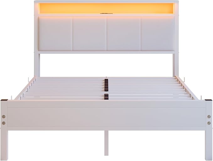 Full Size Bed Frame with LED Lights,Upholstered Headboard with Storage Shelves&Charging Station, Heavy Duty LED Bed Frame Full Mattress Foundation No Box Spring Needed, Noise Free,White