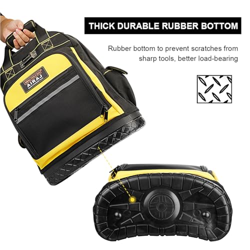 AIRAJ Heavy Duty Tool Backpack,17 Inch Tool Bag Backpack with Waterproof Molded Hard Base,Durable Tool Bag with Reinforced Stitching,Waist-Support,Work backpack for Industrial,Electrician,Construction