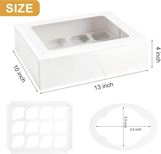 Kucoele 12 Count White Cupcake Boxes, 13 x 10 x 4 Inches, 12 Pack
