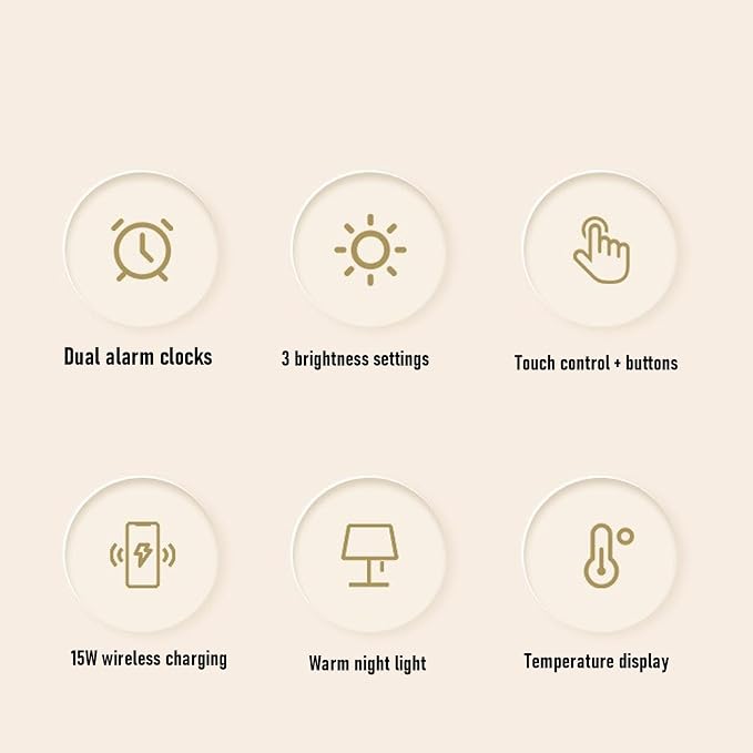 3 in 1 Wireless Charging Digital Alarm Clock with 15W Fast Charger Night Light Date Temperature Display for Bedroom Desk