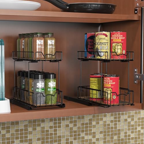 Simple Houseware 2-Tier Spice Rack Slide Out Wire Basket Drawer Organizer, Black - color: Black