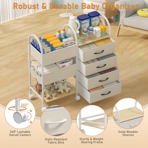 Baby Organizer and Storage Cart, 4-Tier Rolling Utility Cart with Wheels, Dividers and Drawers, Easy to Assemble for Nursery, Bedroom & Changing Table, White - color: White