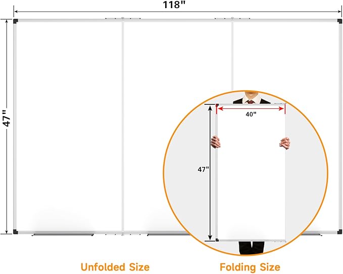 XBoard Extra Large Magnetic Whiteboard 118 x 48 Inch, 10' x 4' Oversized Foldable Dry Erase White Board for Wall with Marker Tray | Aluminum Frame
