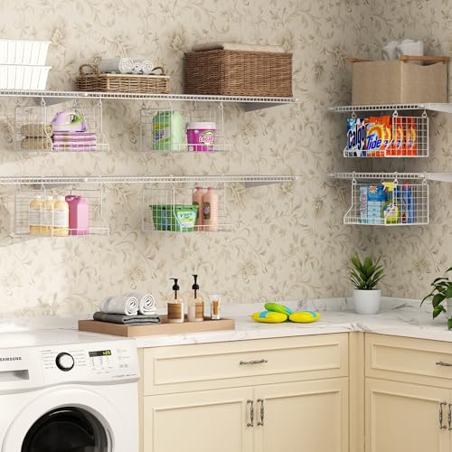 3-Tier Foldable Laundry Basket Organizer with Rotating Hooks - Space-Saving Over Washer and Dryer Shelf for Laundry Room Organization and Storage, Durable Wire Shelving Unit, White
