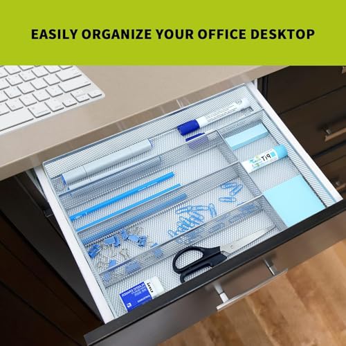 Neudeco Silverware Drawer Organizer - 5 Compartment Cutlery Tray with Non-Slip Feet, Mesh Wire Flatware Storage Divider for Kitchen, Bedroom, Living Room (Silver) - color: Silver