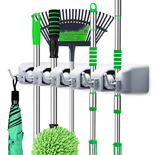 LETMY Broom Holder Wall Mounted - Mop and Broom Hanger Holder - Garage Storage Rack & Garden Tool Organizer - 5 Position 6 Hooks for Home, kitchen, Garden, Tools, Garage - color: Gray