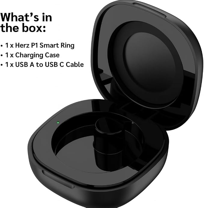 Herz P1 Smart Ring and Charging Case Bundle - (Size 12) Health Ring Tracks 20+ Metrics Bluetooth Sleep &amp Activity Tracker 6 Day Battery Life Magnetic Charging Case iOS &amp Android App
