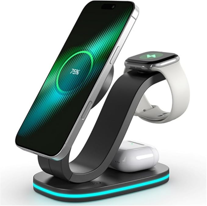 3 in 1 Wireless Charging Station for Apple/Huawei/Samsung Devices 15W Fast Wireless Charger with Blue RGB Light for iPhone 16/15/14/13/12 Apple Watch &amp Airpods Etc.Black