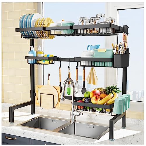 YKLSLH 3 Tiers 6 Baskets Over The Sink Dish Drying Rack Extendable (26.57"-35"), Large Dish Drying Rack, Kitchen Cutlery Drainer Metal Storage Counter Rack - color: Black, size: 3 tiers 6 baskets