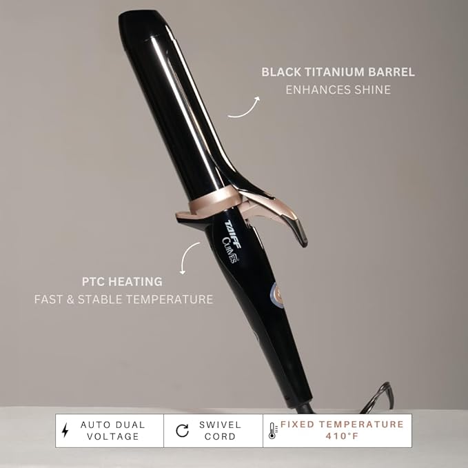 TAIFF Curves Professional Black Titanium Curling Iron – High-Performance Hair Curler & Rizadora para Cabello with Dual Voltage | Fixed Temperature 410°F | 1 1/2”