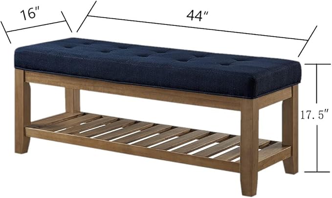 24KF Large Rectangular Upholstered Tufted Linen Fabric Ottoman Bench, Padded Bench with Solid Wood Shelf-Navy Blue
