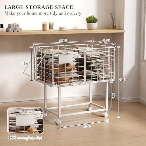 CICUFY Rolling Laundry Cart, 80L Wire Laundry Hamper Basket on Wheels, Dirty Clothes Basket with Handle, Metal Clothes Hamper Organizer for Laundry Room, Bathroom, Bedroom, Dorm, White - color: White