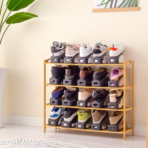 One-Piece Shoe Slot Organizer 10 Pack, Space-Saving Stackers for Closet, Entryway & Shoe Rack | No Assembly Needed - color: Black