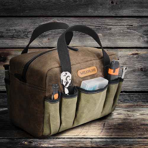 WELKINLAND 14-Pocket Waxed Canvas Tool Organizer - Heavy Duty Electrician's Tool Bag, Small Size