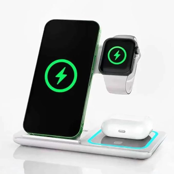 Desktop 3 in 1 Wireless Travel Charger Stand for iPhone 17 16 15 14 13 12 Pro Max iWatch S10~2 SE Ultra AirPods 4/3 Pro Foldable Fast Charging Dock (Black)