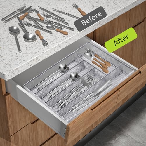 Neudeco Silverware Drawer Organizer - 5 Compartment Cutlery Tray with Non-Slip Feet, Mesh Wire Flatware Storage Divider for Kitchen, Bedroom, Living Room (Silver) - color: Silver