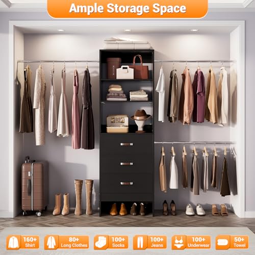 Homieasy 96 Inches Closet Organizer System, 8FT Customizable Walk In Closet Organizer with Hanging Rods, 3 Drawers Garment Rack with Leather Handle , 96" L x 16" W x 75" H, Max Load 1000 LBS, Black - color: Black