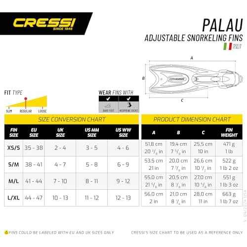Cressi Snorkeling Adjustable Fins for All Family - Long Blade Versatile Open Heel Flippers | Palau: Made in Italy
