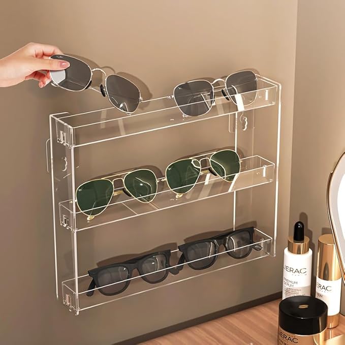 3 Layers Makeup Organizer Wall Mounted, Acrylic Invisible Floating Shelves with Anti-Slip Adhesive Backing, Sunglasses Display Rack, Nail Polish Storage, Clear (1 Pack)
