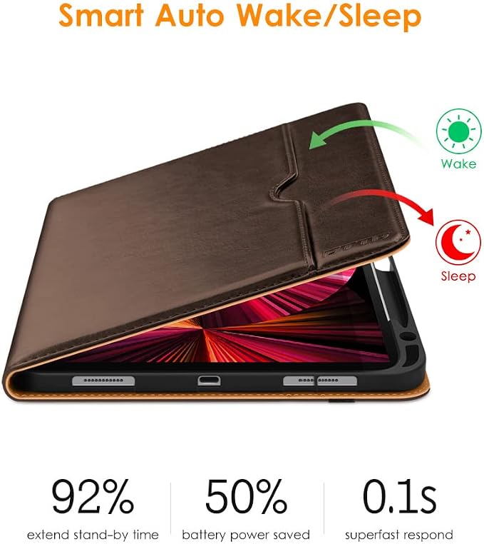DTTO Case for iPad Pro 11 Inch 4th / 3rd / 2nd / 1st Generation 2022/2021/2020/2018Premium PU Leather Folio Stand Cover with Hand Strap Auto Wake/SleepMultiple Viewing Angles Dark Brown