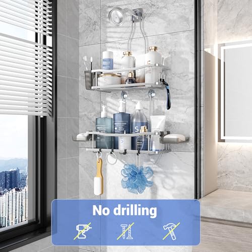 Aitatty Hanging Shower Caddy Bathroom Organizer: Rustproof Shower Shelf Racks Over Shower Head - No Drilling Inside Bath Shower Rack Shelves Over Showerhead for Shampoo with Soap Holder Black - color: Chrome