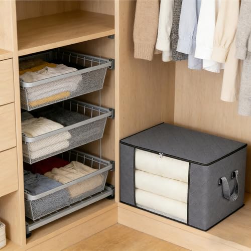 60L Grey Fabric Storage Bins with Lids & Clear Window, 3 Pack Collapsible Closet Organizers with Handles for Clothes, Blankets, Under Bed Storage - size: 3 x 60L