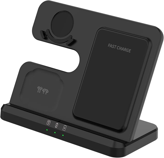 Black 3-in-1 Charging Station Fast Wireless Charger Stand for Phone Watch Earbuds Desktop Dock with Cooling Vents