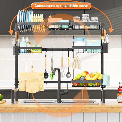 YKLSLH 3 Tiers 6 Baskets Over The Sink Dish Drying Rack Extendable (26.57"-35"), Large Dish Drying Rack, Kitchen Cutlery Drainer Metal Storage Counter Rack - color: Black, size: 3 tiers 6 baskets