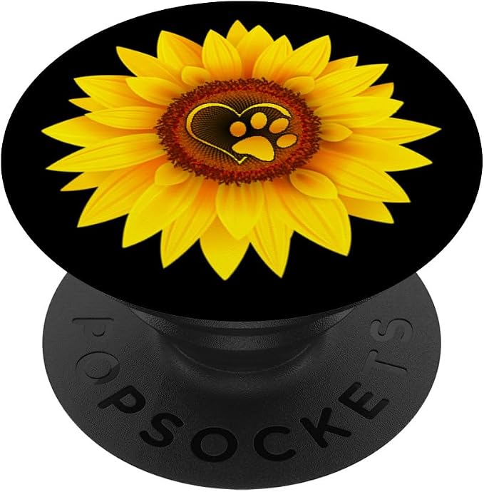 Paw Print Dog Paw Cute Dog Love Yellow Sunflower on Black PopSockets Adhesive PopGrip