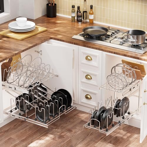 2-Tier Kitchen Pull out Cabinet Organizer for Pots, Pans, and Lid Cookware, Adjustable Heavy Duty Wire Pan and Pot Rack, Full-Extension Rail 21" W *22" D - size: 21W*22D