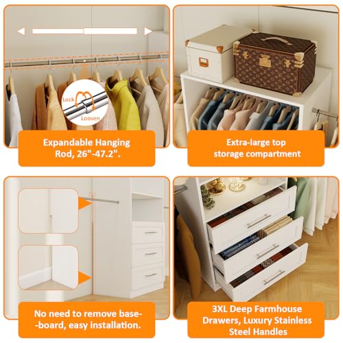 Vomavex Closet System, 4FT-8FT-9FT Closet Organizer With Drawers Wooden, Walk in Closet System with 5pcs Hanging Rods and Shelves Storage, Closet Built in System Wardrobe Organizer, White - color: 4-9FT