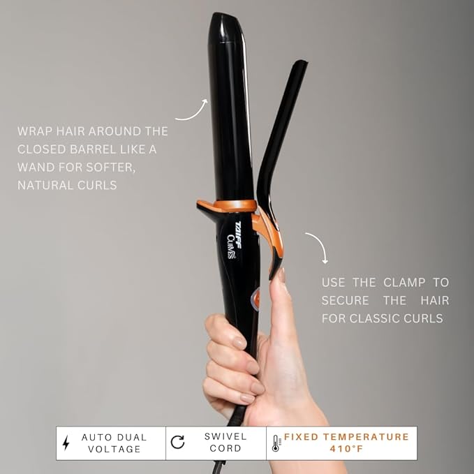 TAIFF Curves Professional Black Titanium Curling Iron – High-Performance Hair Curler & Rizadora para Cabello with Dual Voltage | Fixed Temperature 410°F | 1 1/4”